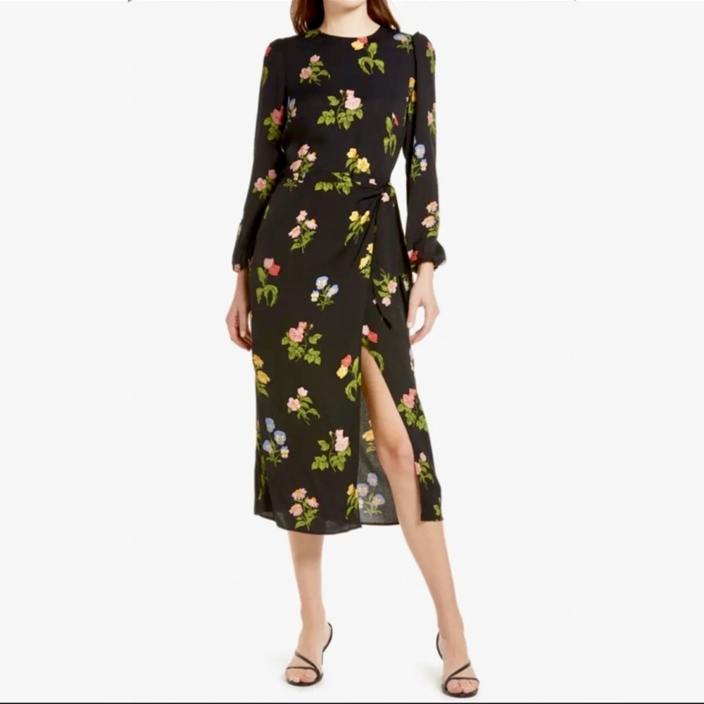 Reformation Reza Floral-Print Long Sleeve Wrap Midi Dress In Night Bloom NWT